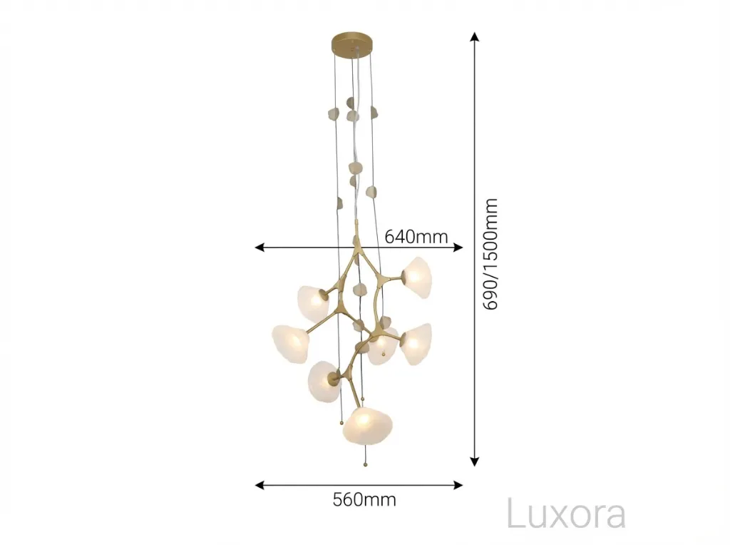 Gold Chandelier Frosted Glass Technical Dimensions.webp