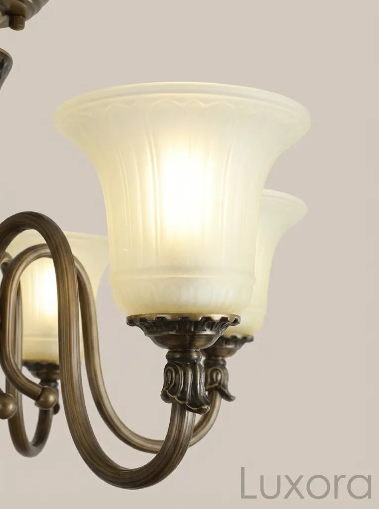 Antique Bronze 5-Arm Chandelier Frosted Glass Detail.webp