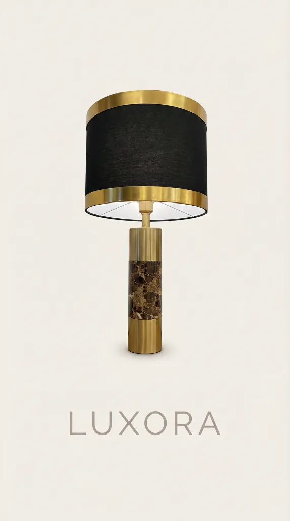 Table Lamp 1 Black Drum with Gold Trim and Marble Base.webp